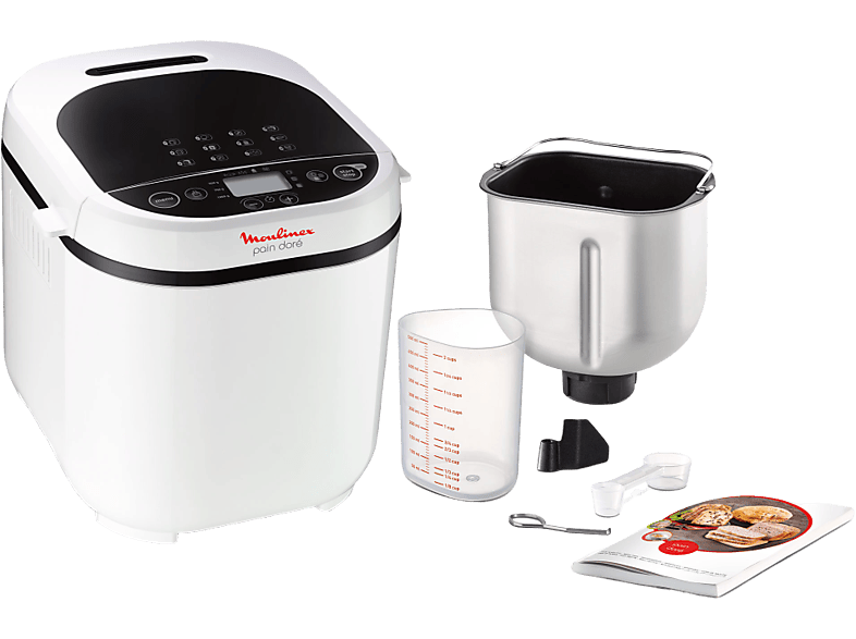 Panificadora - Moulinex OW2101 Pain Dore, Potencia 650W,Capacidad 1 Kg, 3 Niveles de tostado, 12 Programas, Blanco