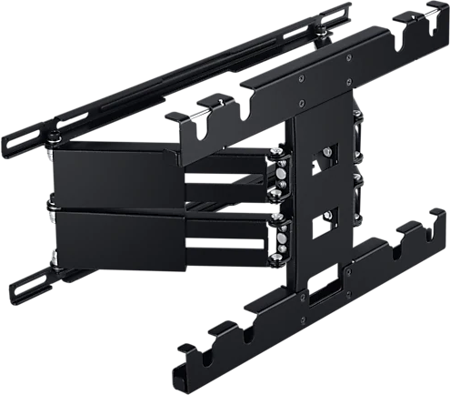 Eine schwarze, bewegliche TV-Wandhalterung. Sie verfügt über mehrere Metallarme, Gelenke, Schrauben und Halterungen für die Einstellbarkeit.