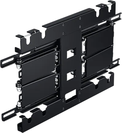 Schwarze Metall-TV-Halterung mit mehreren Schienen und Halterungen, für Wandmontage, mit Schraubpunkten und verstellbaren Komponenten.
