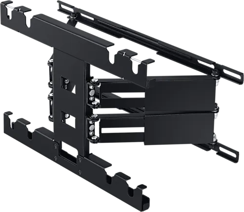 Eine schwarze, bewegliche TV-Wandhalterung. Sie verfügt über mehrere Gelenke und Halterungen zur Einstellung der TV-Position. Auf schwarzem Hintergrund.