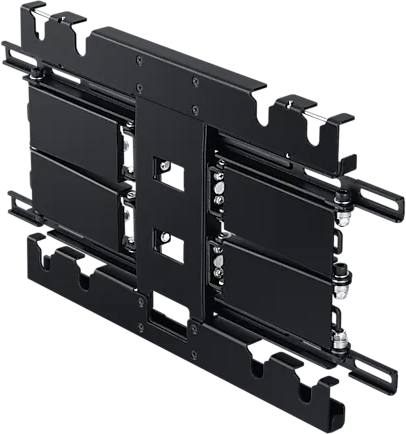 Eine schwarze TV-Wandhalterung aus Metall. Es hat mehrere Abschnitte mit verschiedenen Halterungen und Schrauben. Das Design wirkt robust und funktional.