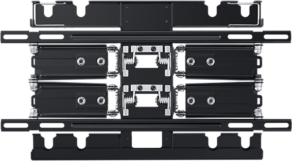 Schwarze Metall-TV-Halterung mit mehreren Befestigungspunkten und verstellbaren Komponenten. Horizontale und vertikale Stützen.