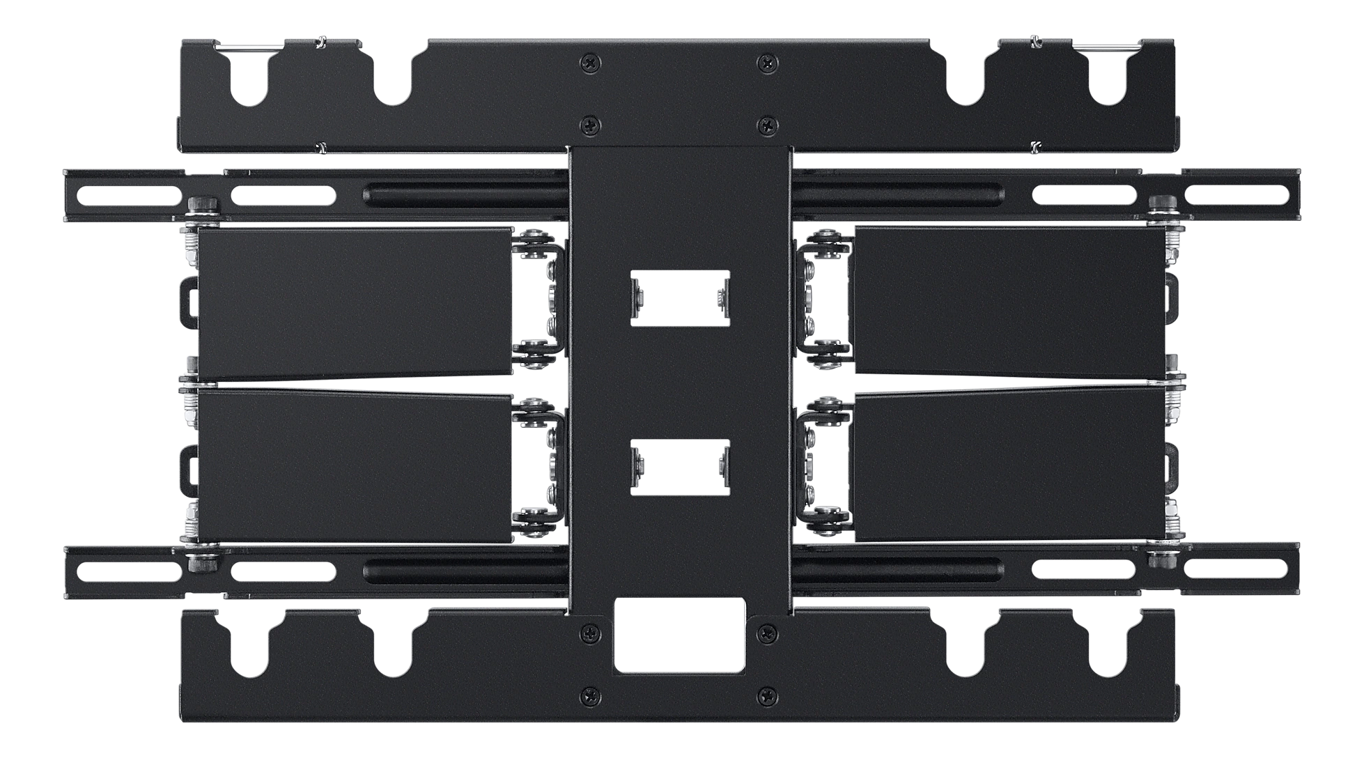 Eine schwarze Metallhalterung zur Montage, mit mehreren horizontalen und vertikalen Komponenten, die mit Schrauben befestigt sind.