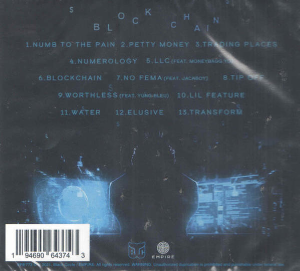 Albumcover mit Text: Blockchain. Beinhaltet Titelliste und grafisches Element.
