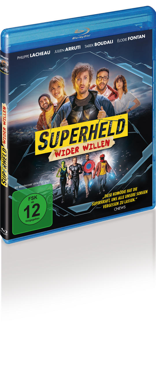 Blu-ray-Disc-Box-Art mit einem Filmplakat mit einer Gruppe von Menschen im Superhelden-Thema.