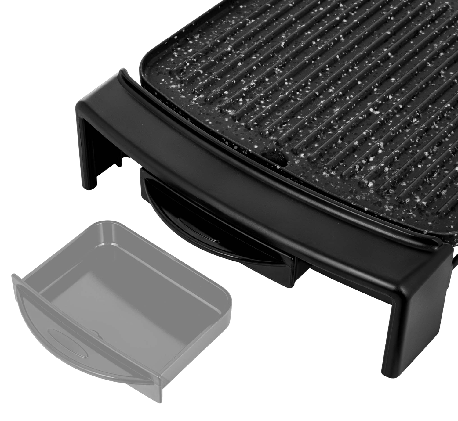 Egy fekete grill közelképe szürke tálcával. A grill texturált felületű.