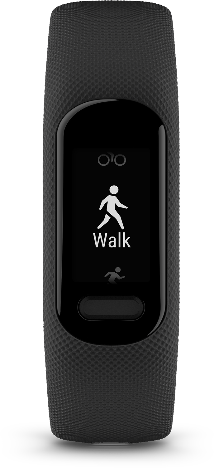 Black fitness tracker with a screen displaying a walking icon and the word "Walk".