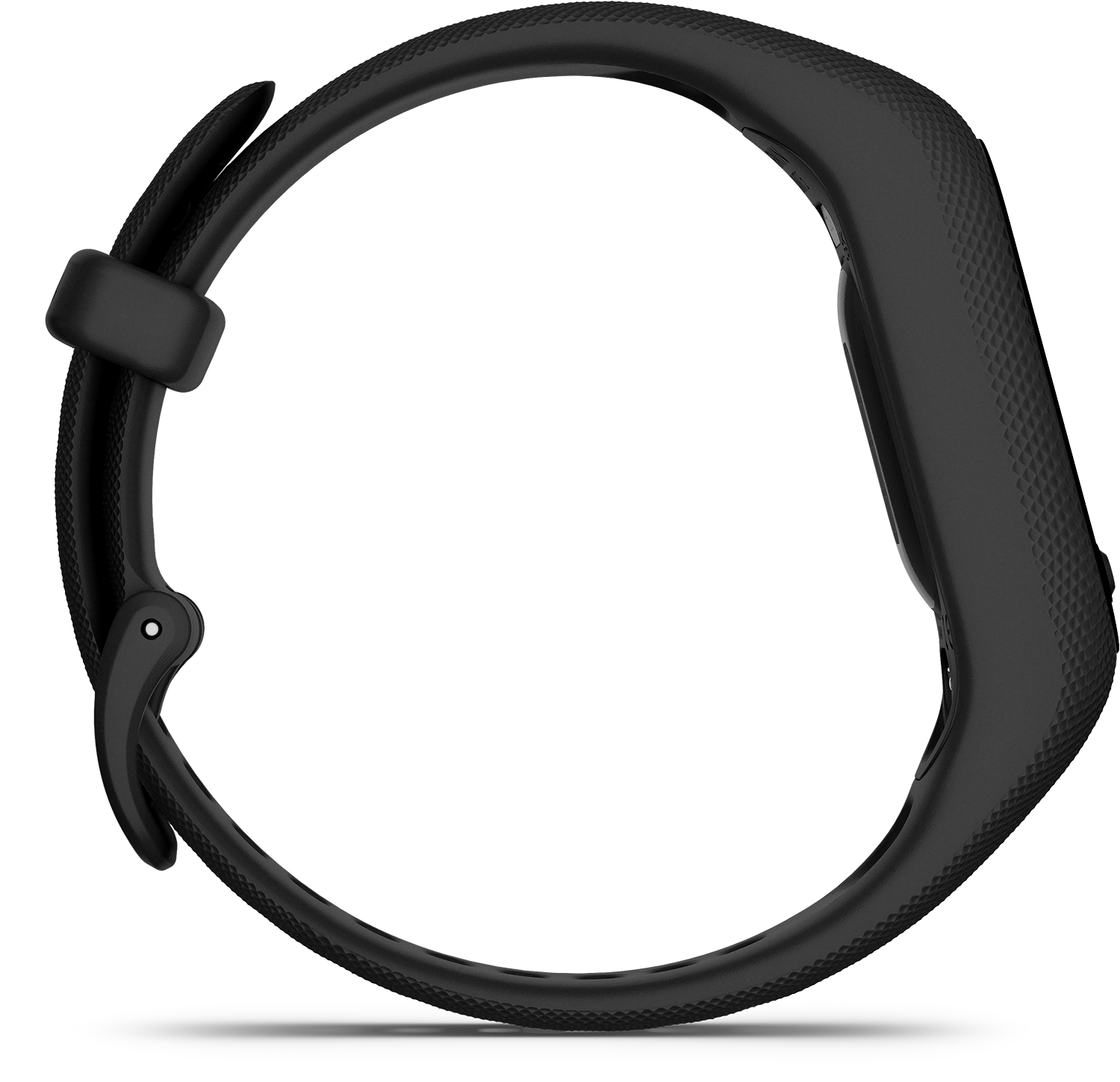 A black fitness tracker band. It is curved with a white background.