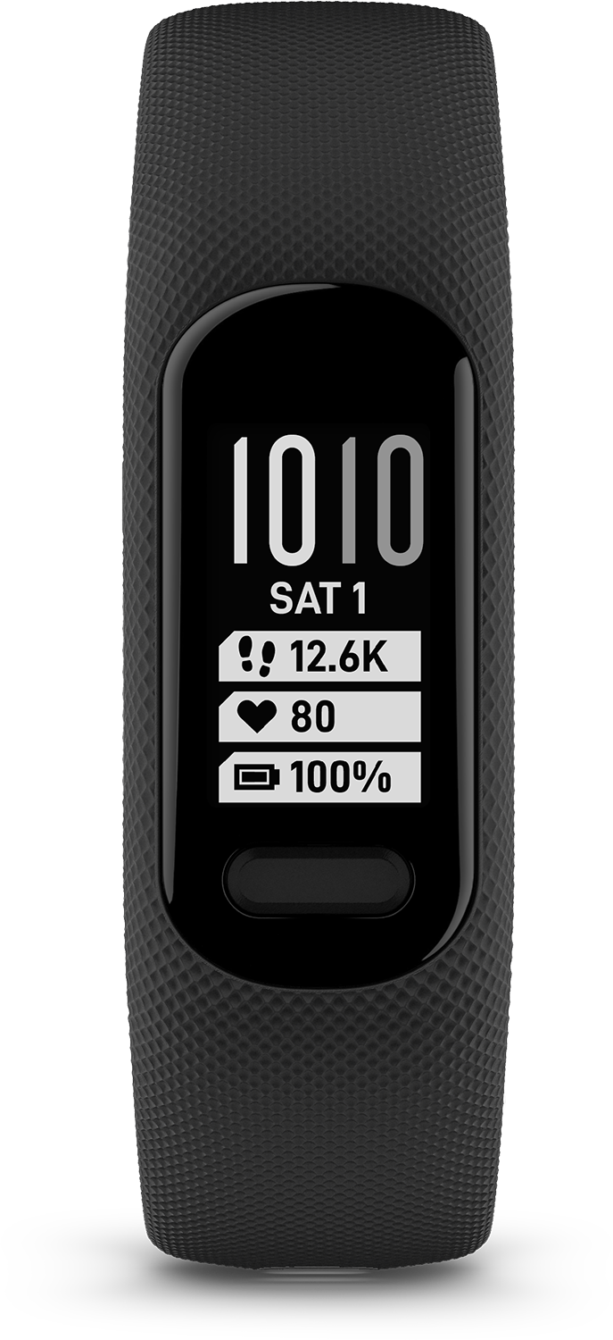 A black fitness tracker with a screen displaying time, steps, heart rate, and battery life.