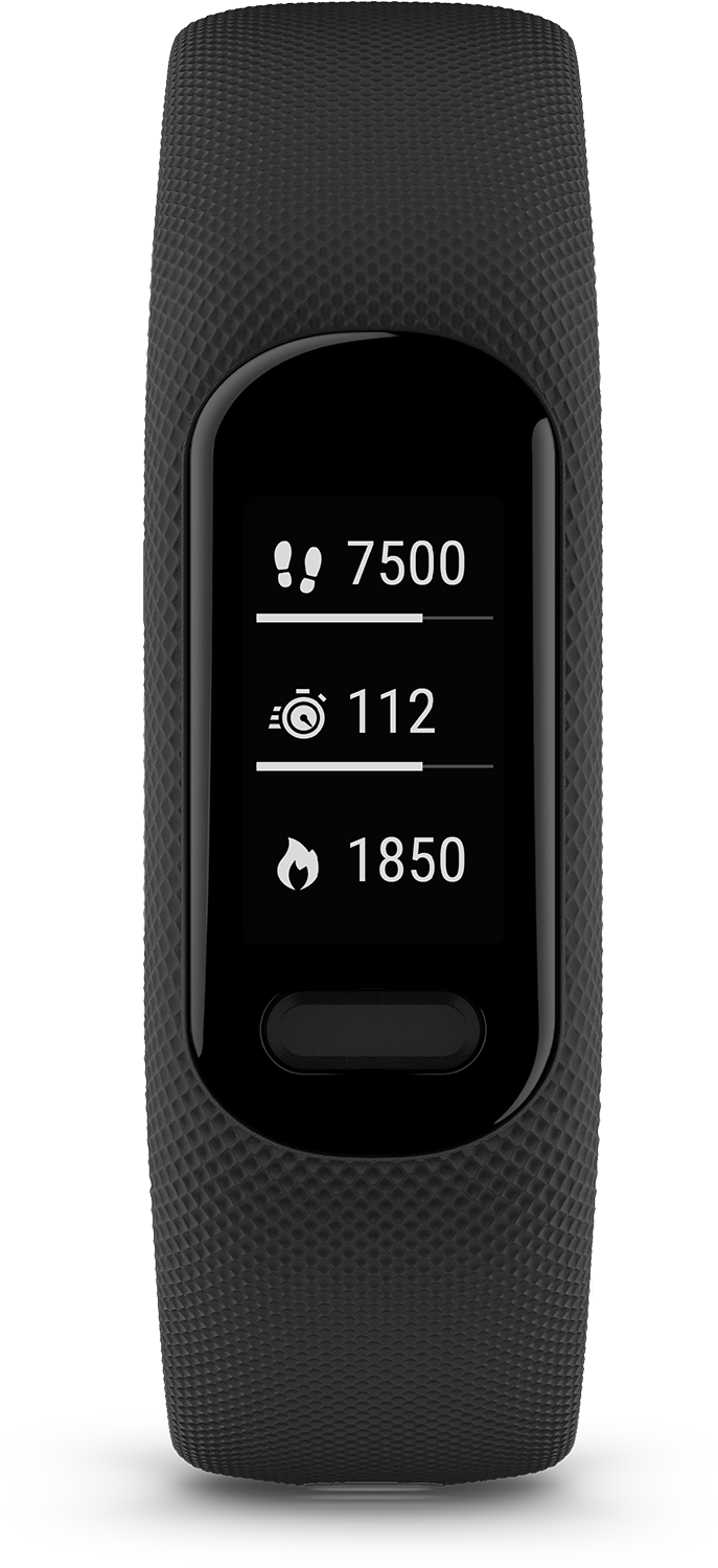 A black fitness tracker with a screen displaying steps, exercise time, and calories burned.