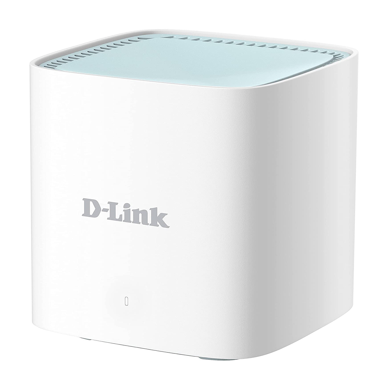 Un router D-Link bianco con la parte superiore azzurra. Il marchio 'D-Link' è scritto sul fronte.