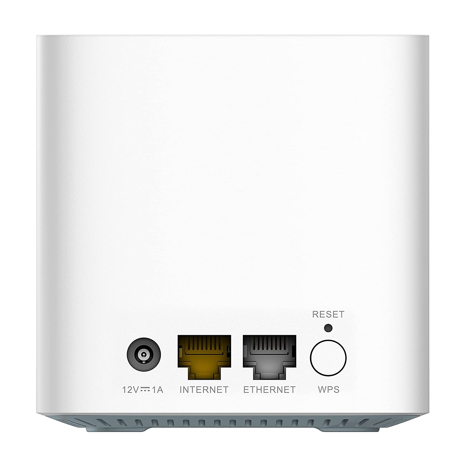 Vista posteriore di un router bianco con porte Ethernet, internet e WPS. C'è un pulsante di reset e un ingresso di alimentazione.