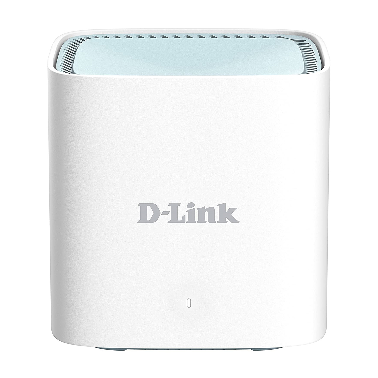 Un router D-Link bianco con la parte superiore azzurra. Ha una forma cilindrica.