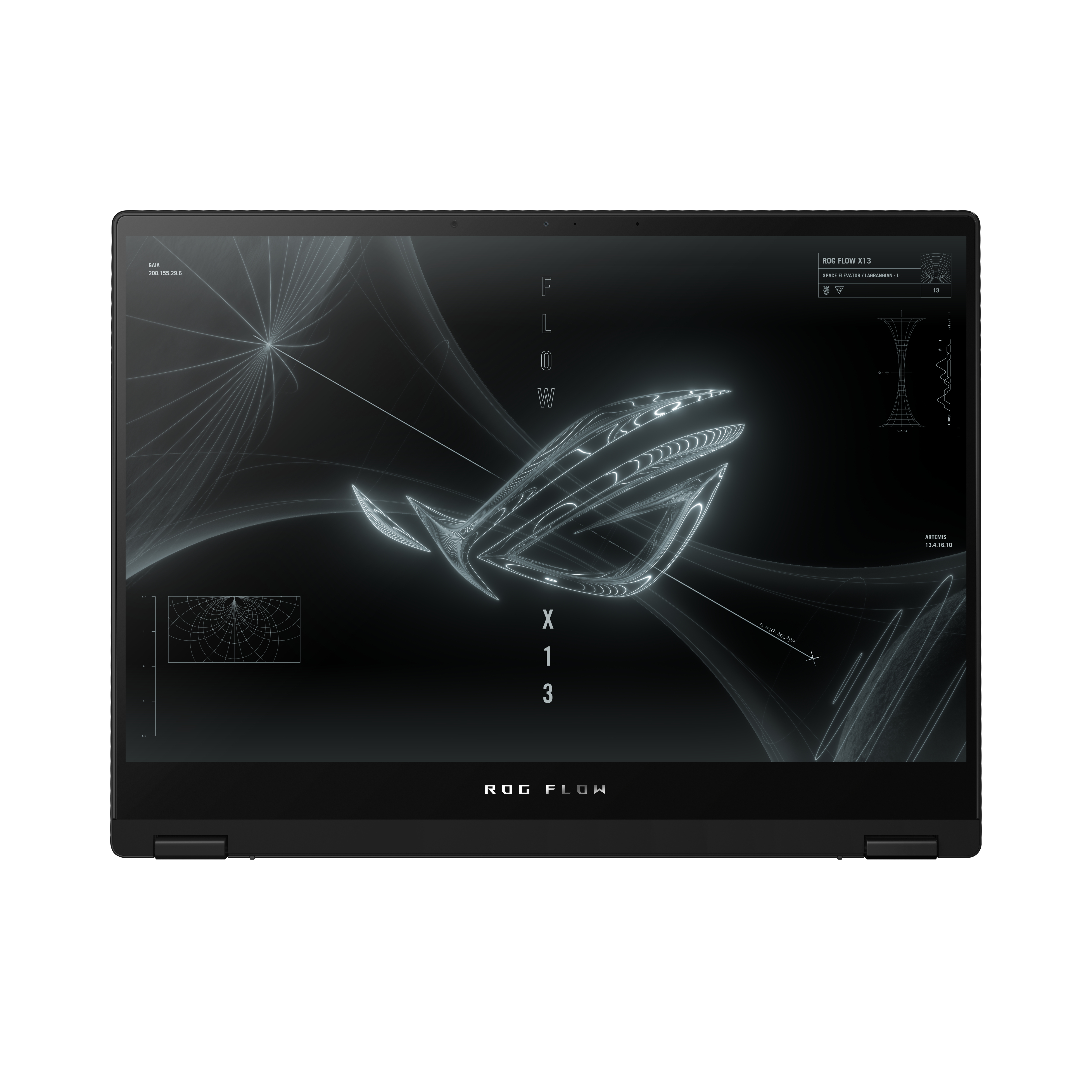 Ordenador portátil negro con el logotipo ROG FLOW en la pantalla, fondo blanco.