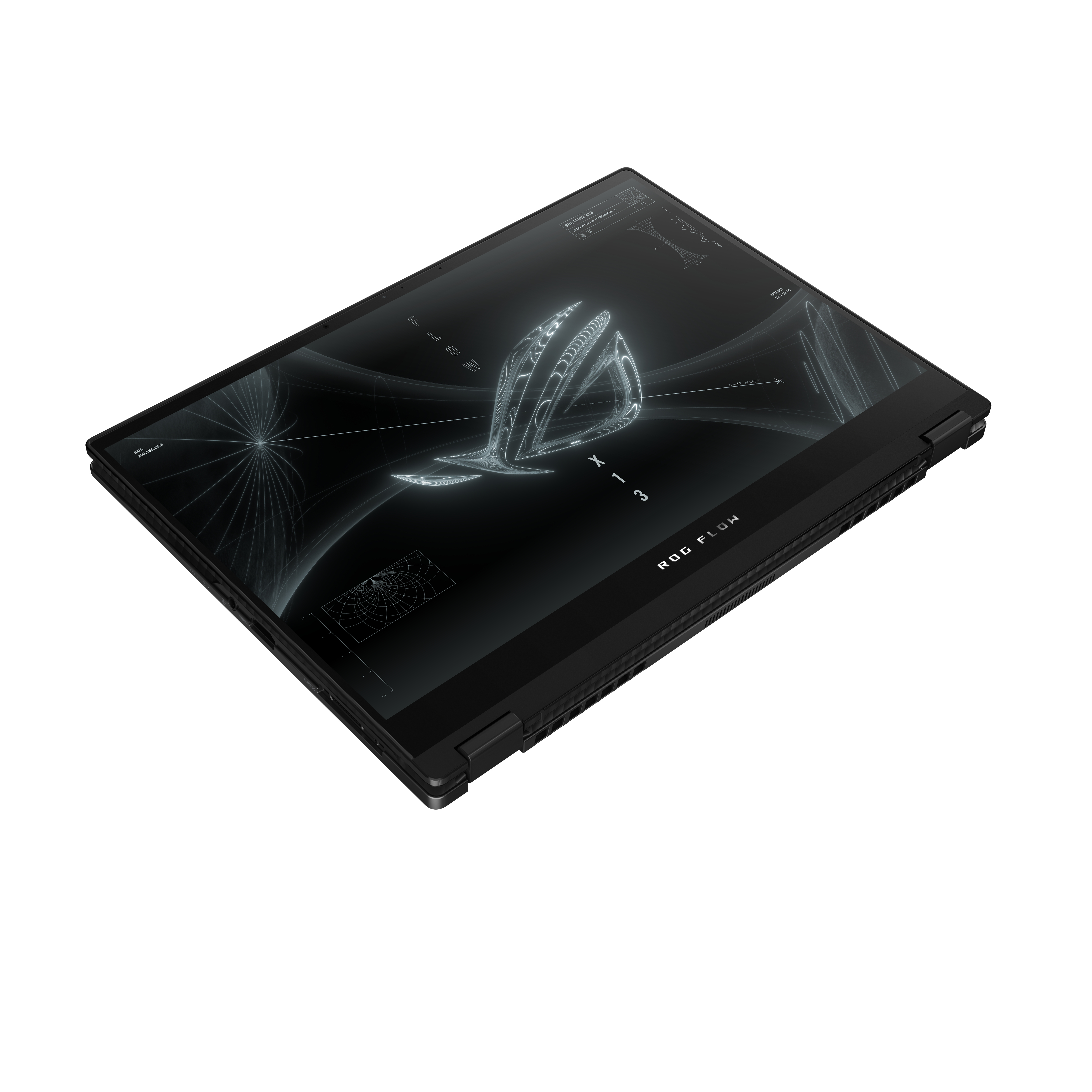 Portátil negro con diseño único en la pantalla, inclinado sobre una superficie blanca. Texto ROG FLOW.