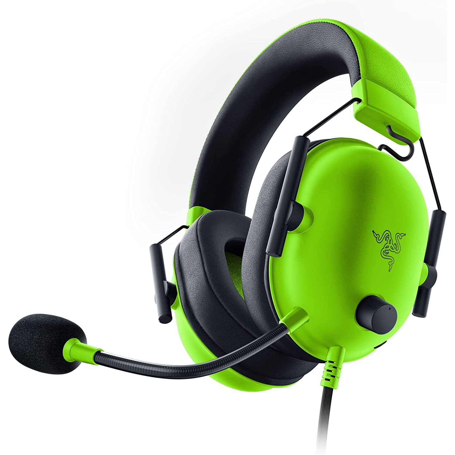 Auriculares gaming verdes y negros. El micrófono está a la izquierda y el logo a la derecha.