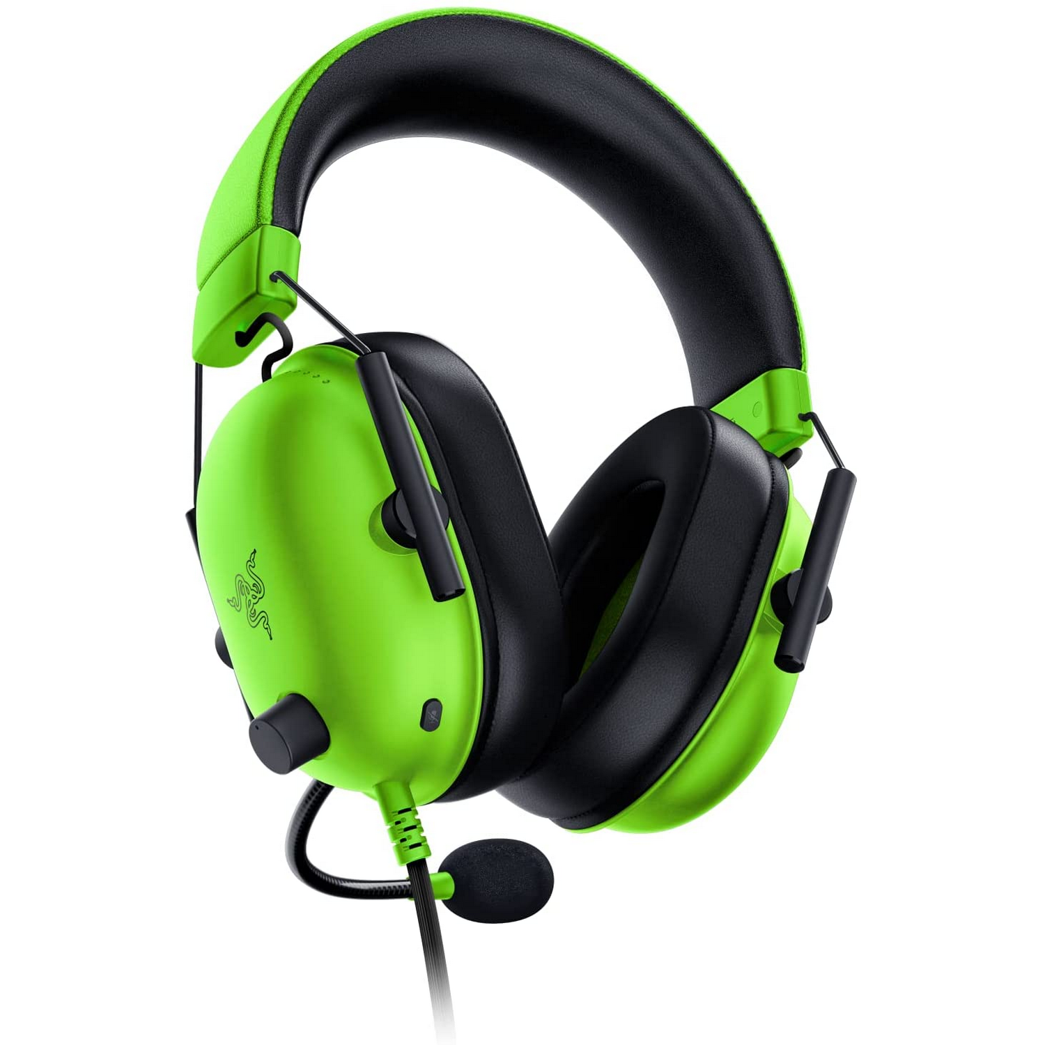 Auriculares para juegos verdes y negros con micrófono.