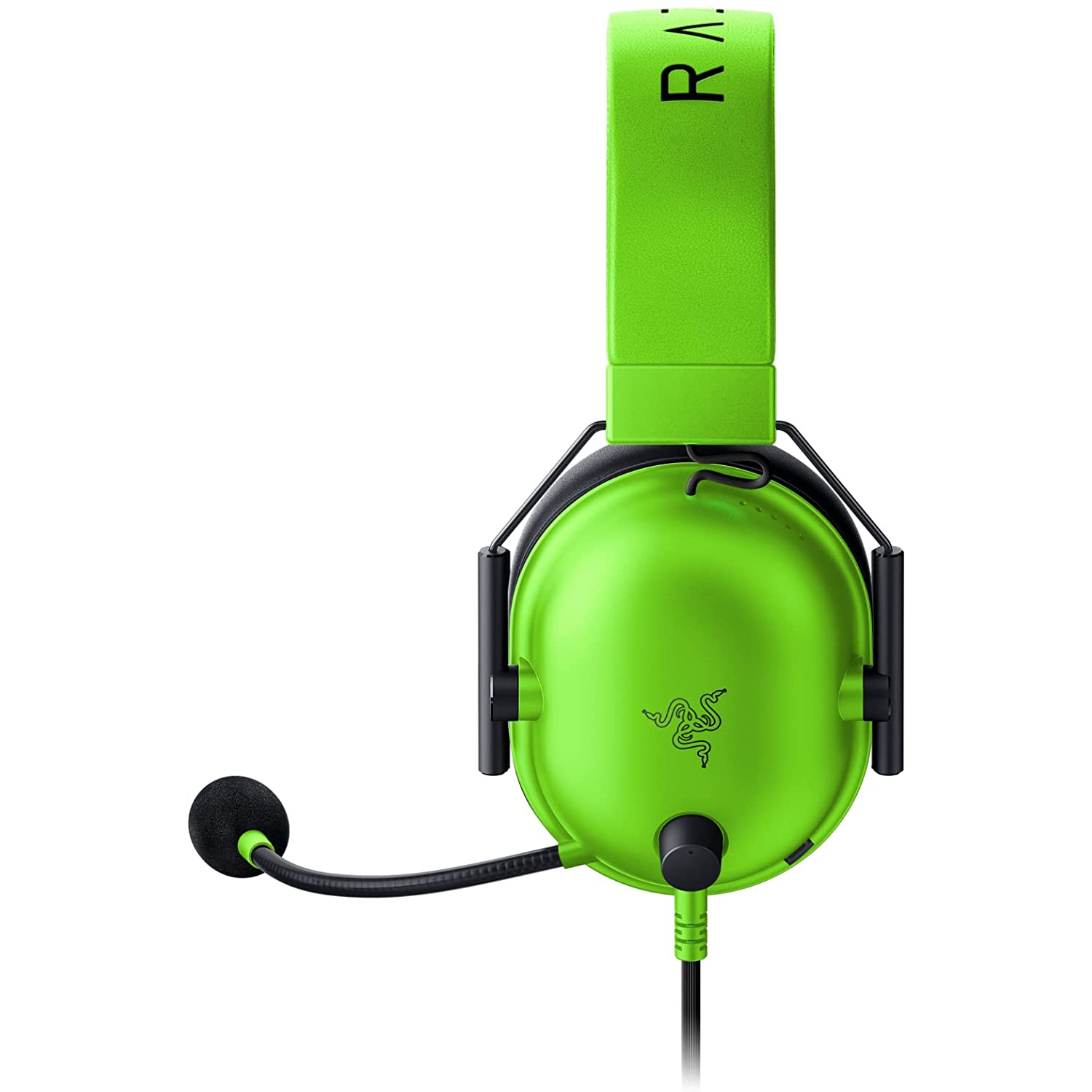 Auriculares para juegos verdes con micrófono, aislados sobre fondo blanco.