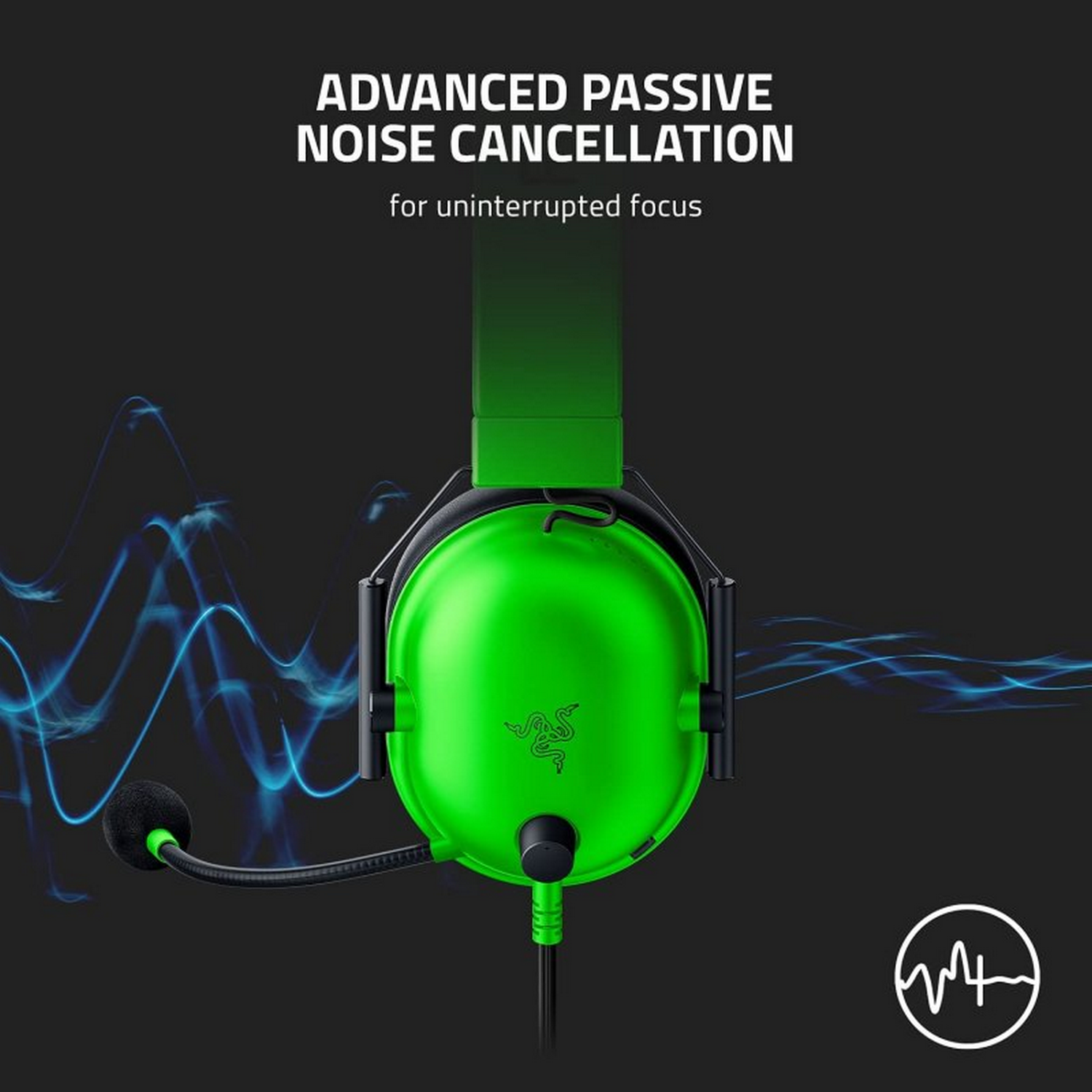 Auriculares Razer verdes con micrófono y fondo negro con líneas de onda azules.