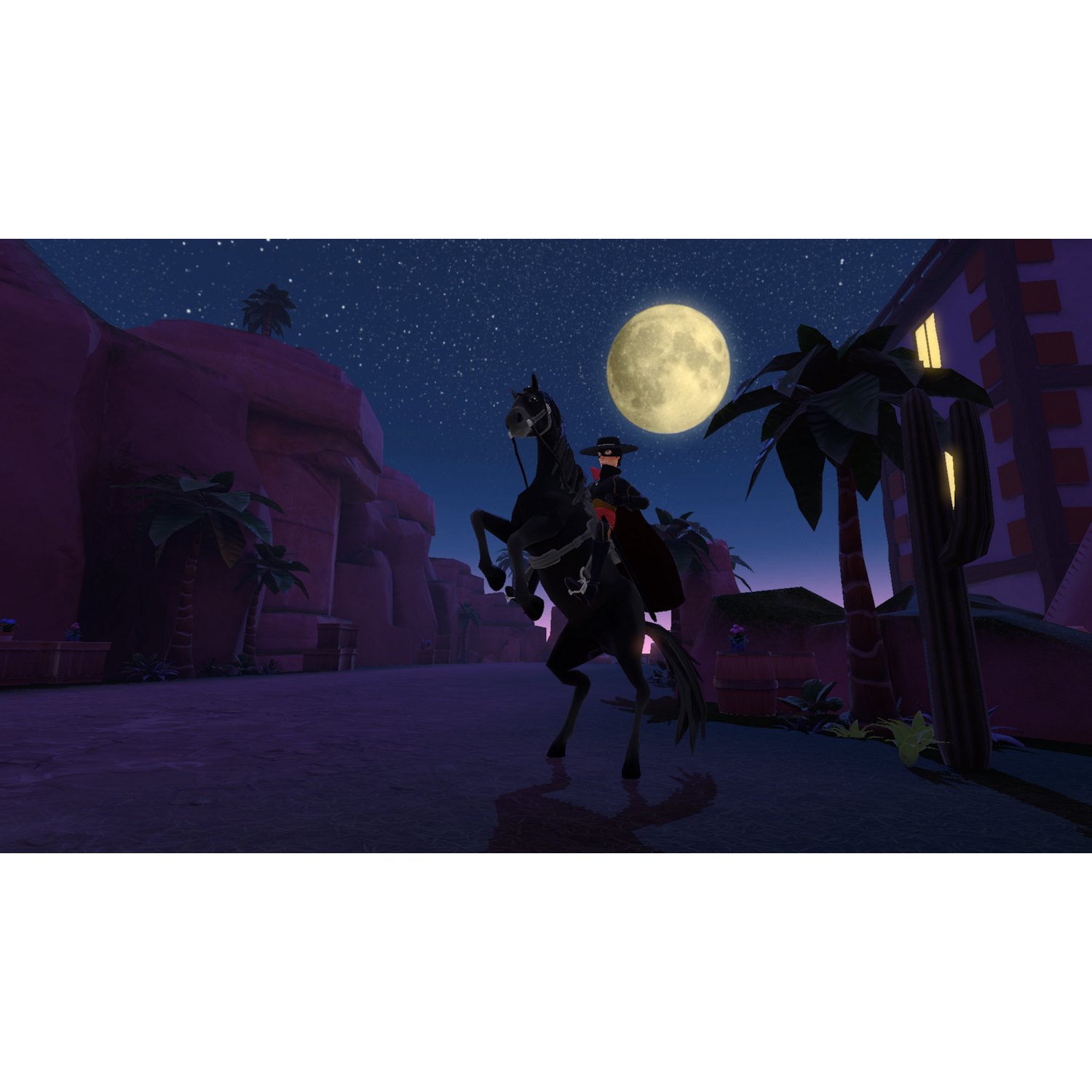 Zorro en un caballo negro por la noche bajo la luna llena. Paisaje oscuro con palmeras y edificios.