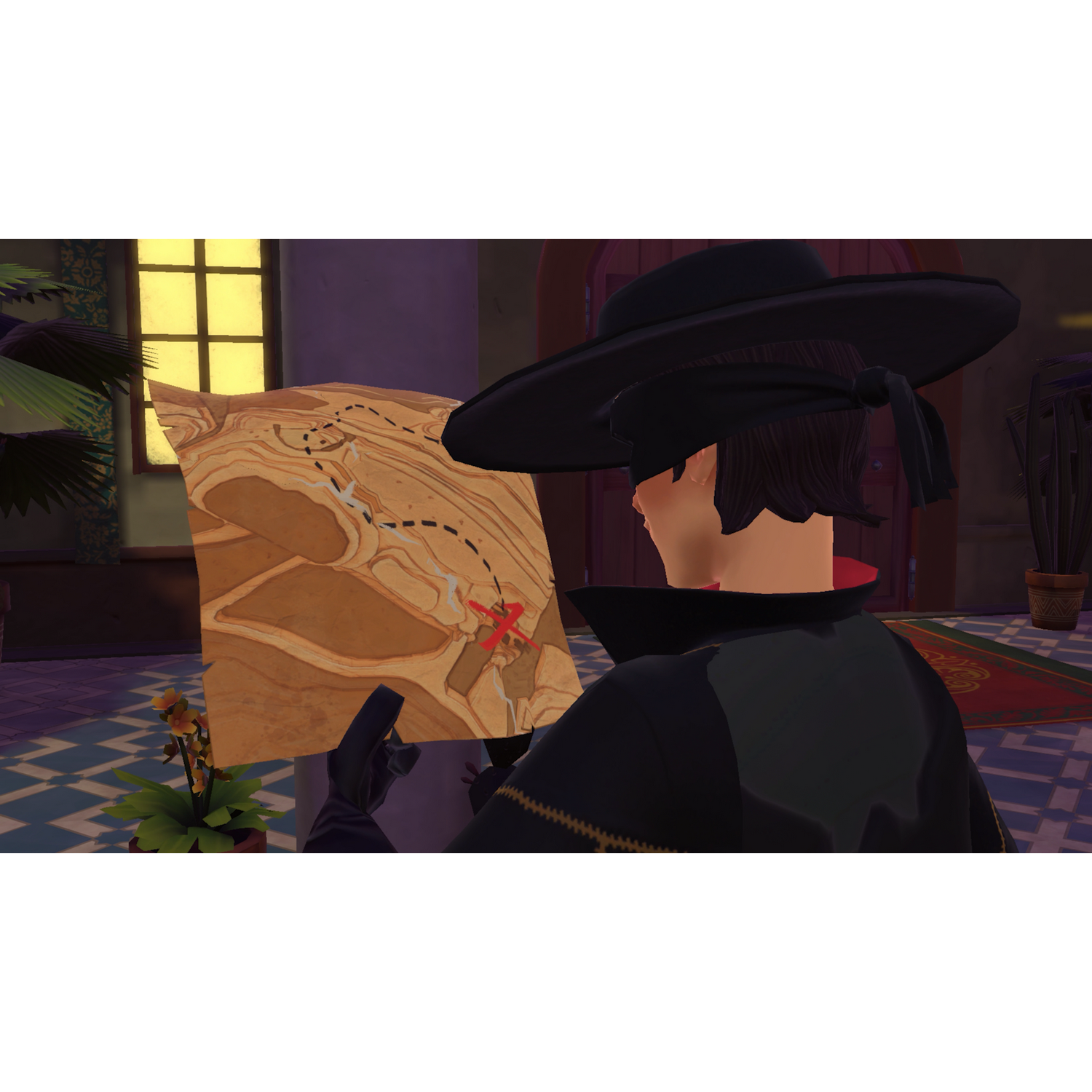 Una persona con sombrero y abrigo oscuros mira un mapa del tesoro. El fondo es una habitación.