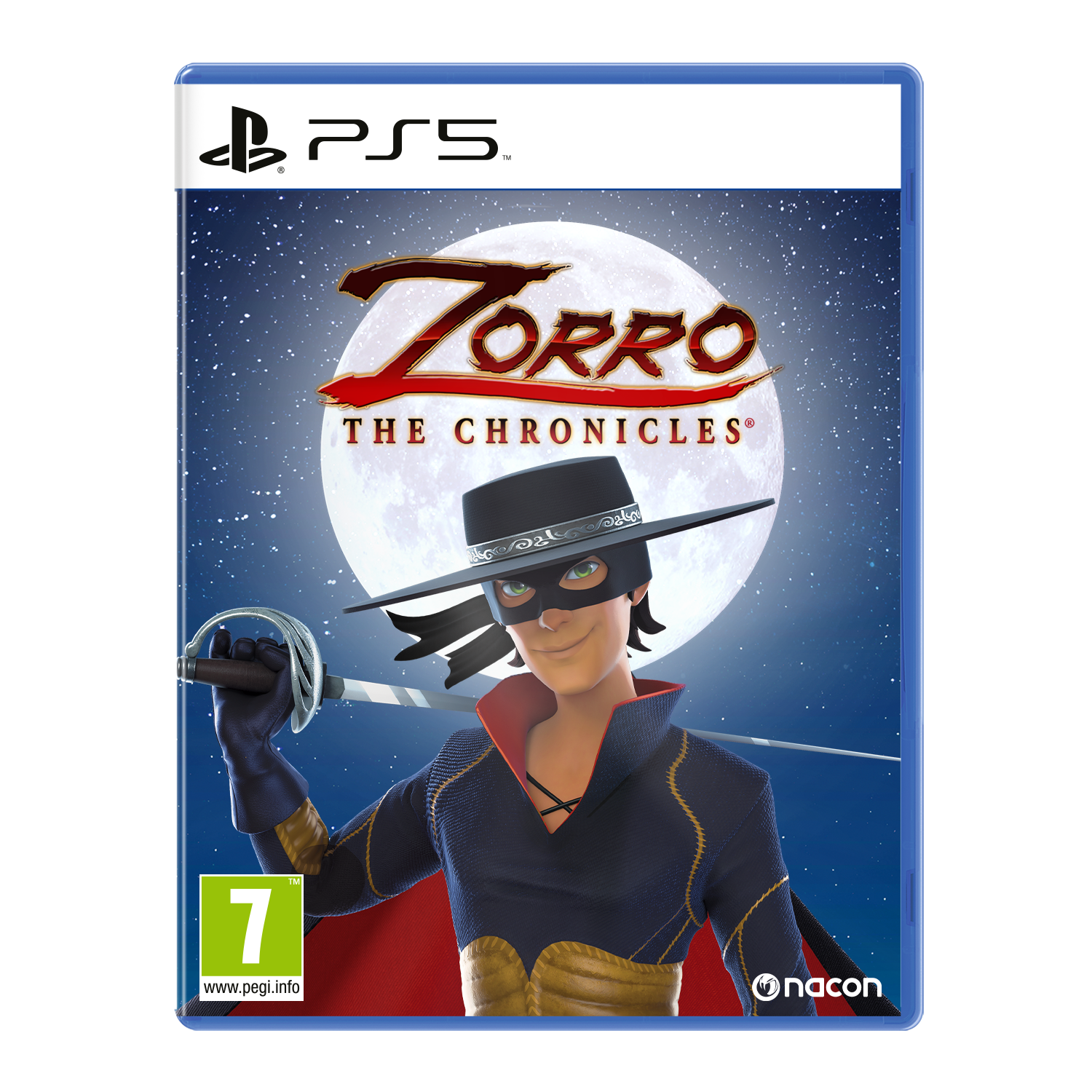 Una caja de juego de PS5 para "Zorro The Chronicles". La portada muestra a Zorro con su espada y un cielo estrellado.