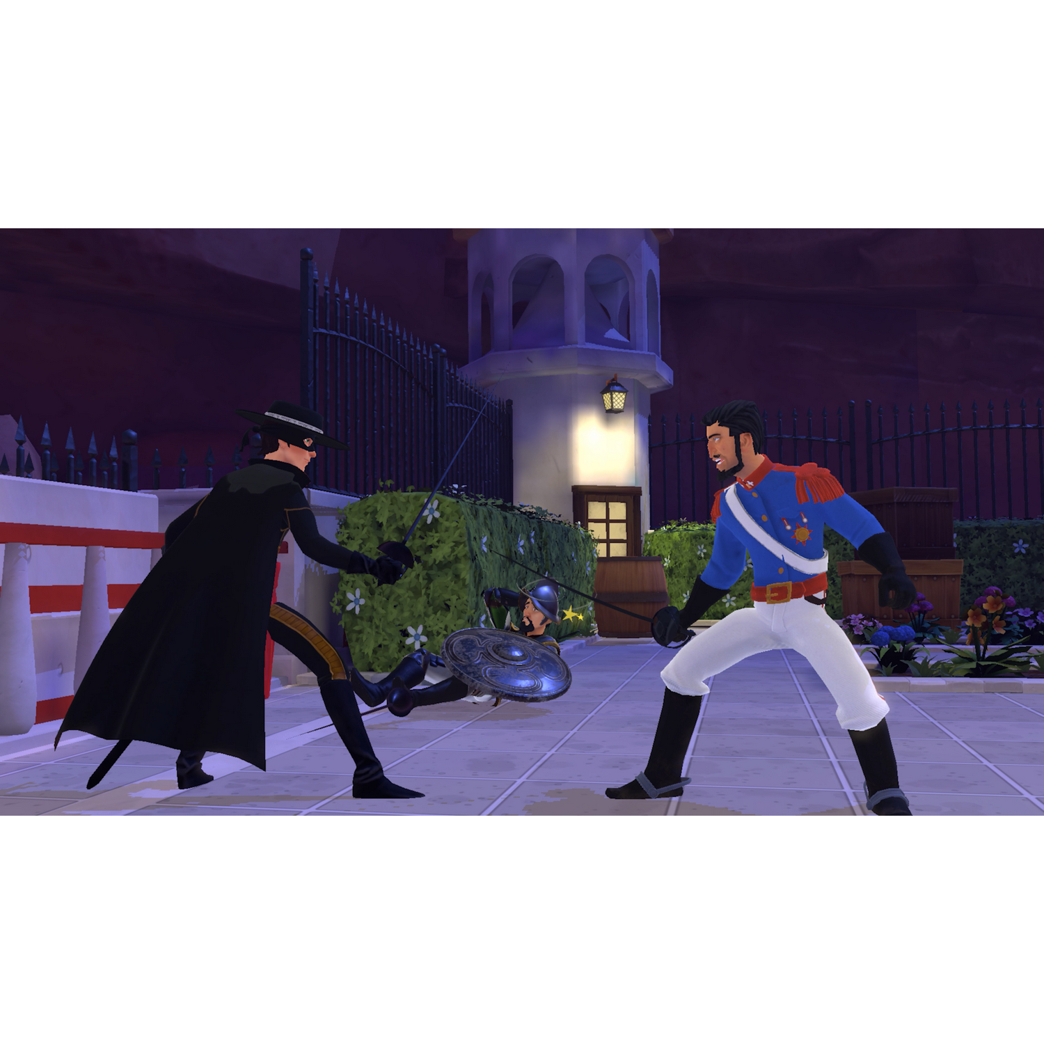 Escena animada con dos hombres duelando con espadas. Uno va vestido de negro, el otro de azul.