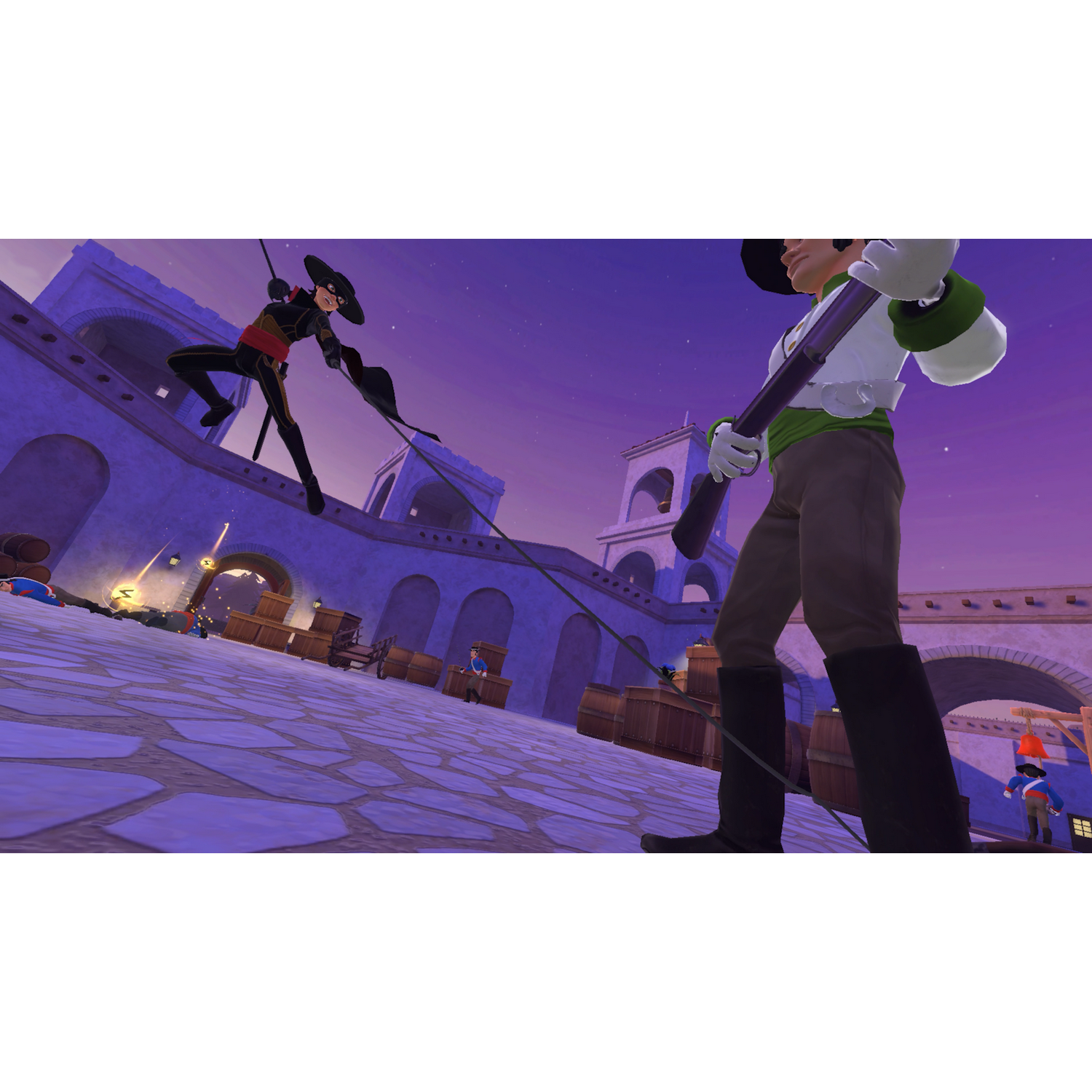 Una escena de videojuego con personajes luchando con espadas y pistolas.