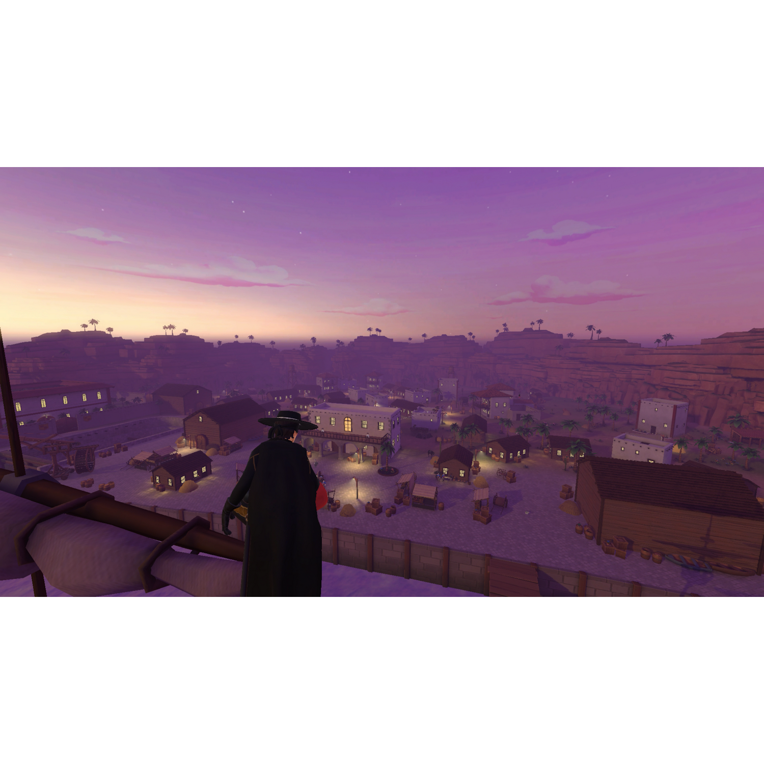 Una persona con abrigo y sombrero negros contempla una puesta de sol sobre un pueblo de dibujos animados.