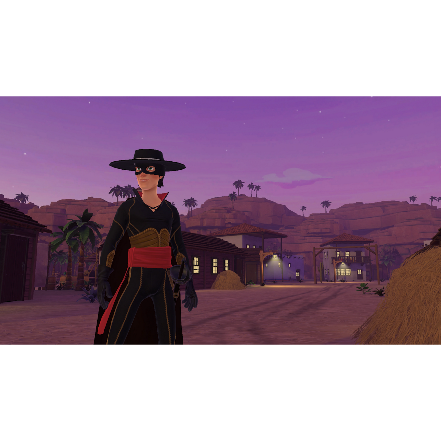 Una persona con disfraz de Zorro en un pueblo del oeste al atardecer.