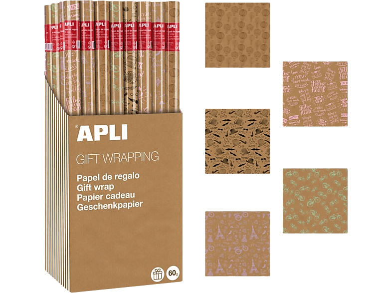 Papel de regalo - Apli 18911 Kraft Fun, 1 Rollo 70 cm x 2 m, Varios estampados, Marrón