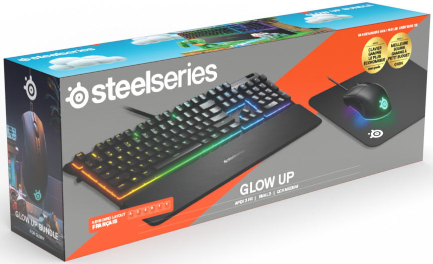 STEELSERIES Glow Up Bundle: Clavier gaming Apex 3 RGB AZERTY Noir + Souris gaming sans fil Rival 3 Noir + Tapis de souris