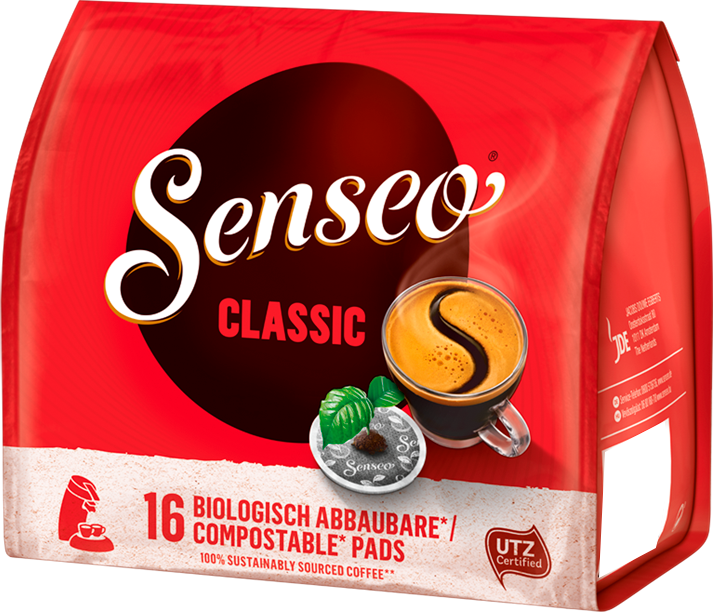 Senseo Classic kávépárnák piros csomagja. Egy csésze kávé van a csomagoláson. Azt írja: „Classic”, „16 párna”.