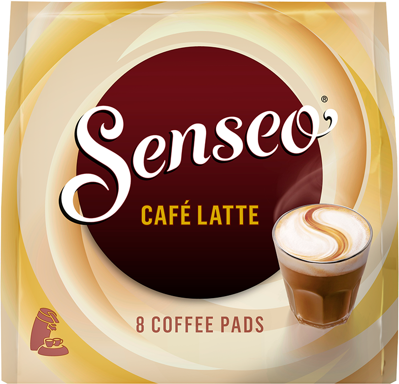Senseo Cafe Latte kávépárnák csomagja, egy csésze kávéval jobbra.
