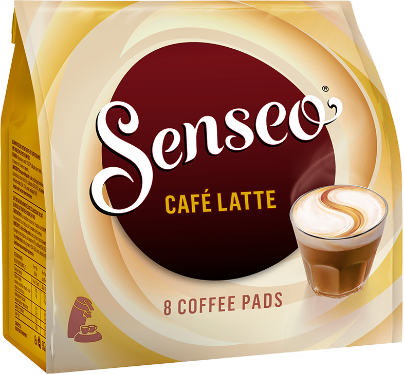 Egy kávéhüvely csomagolása a 'Senseo' márkával és a 'Café Latte' felirattal, valamint egy csésze kávé.