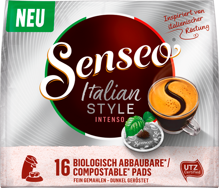 Egy ezüst és barna zacskó Senseo Italian Style kávépárnákkal. Egy csésze kávé látható.