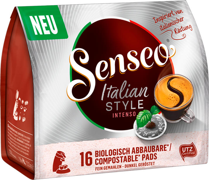 Senseo Italian Style kávépárnás csomag. "NEU" címkével, kávéscsésze képpel és "16 komposztálható párna" szöveggel.