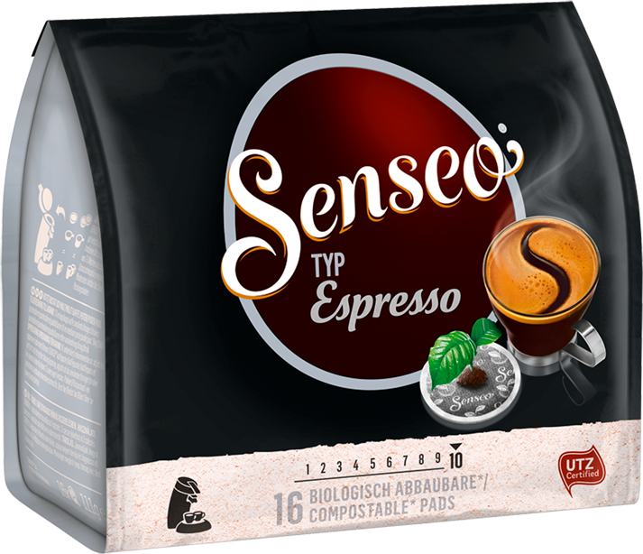 Senseo Espresso kávépárna csomagolása. Kávéscsészét, babot és a márkanév látható.