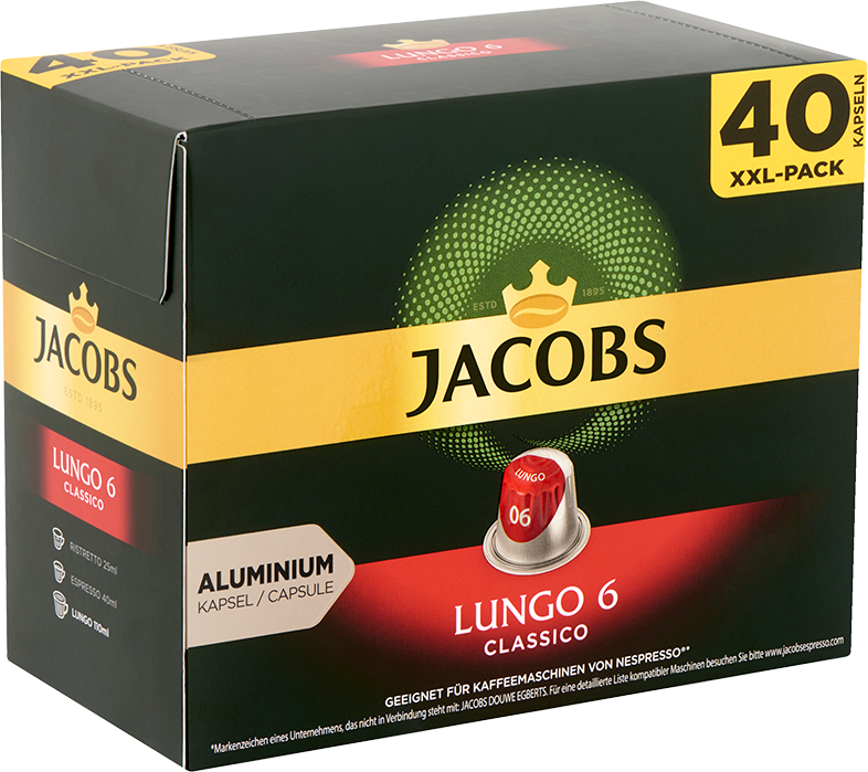 Jacobs kávé doboz, 40 XXL-es kiszerelés. Piros és arany design. Kapszulákat tartalmaz.