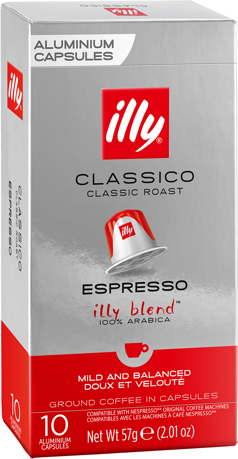 Illy Classico Espresso kávékapszula doboz, piros és fehér márkajelzéssel.