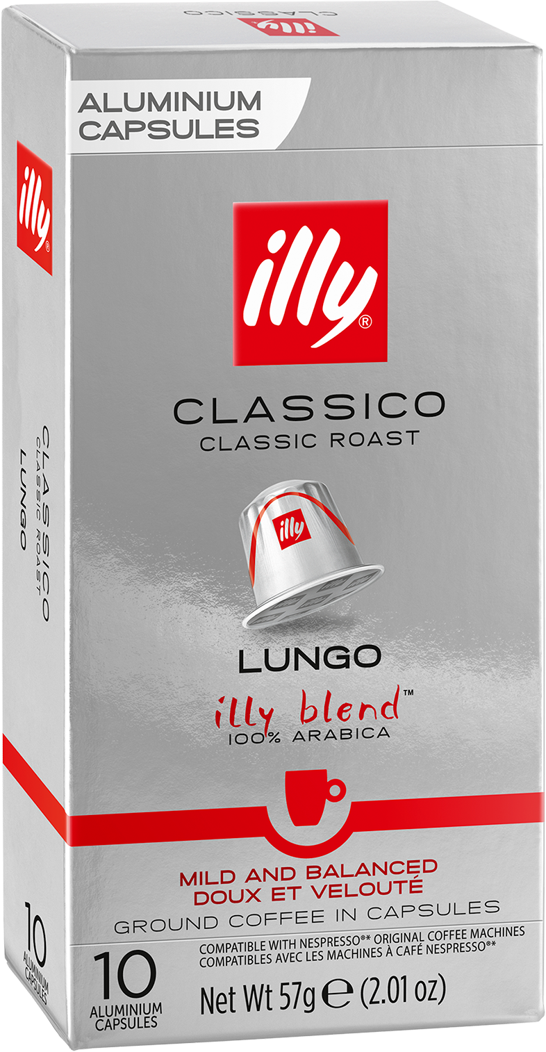 Egy ezüst doboz Illy kávékapszulákkal, rajta az Illy logóval és szöveggel, valamint egy látható kapszulával. A dobozon a 'Lungo' és a 'Classic Roast' felirat is látható.