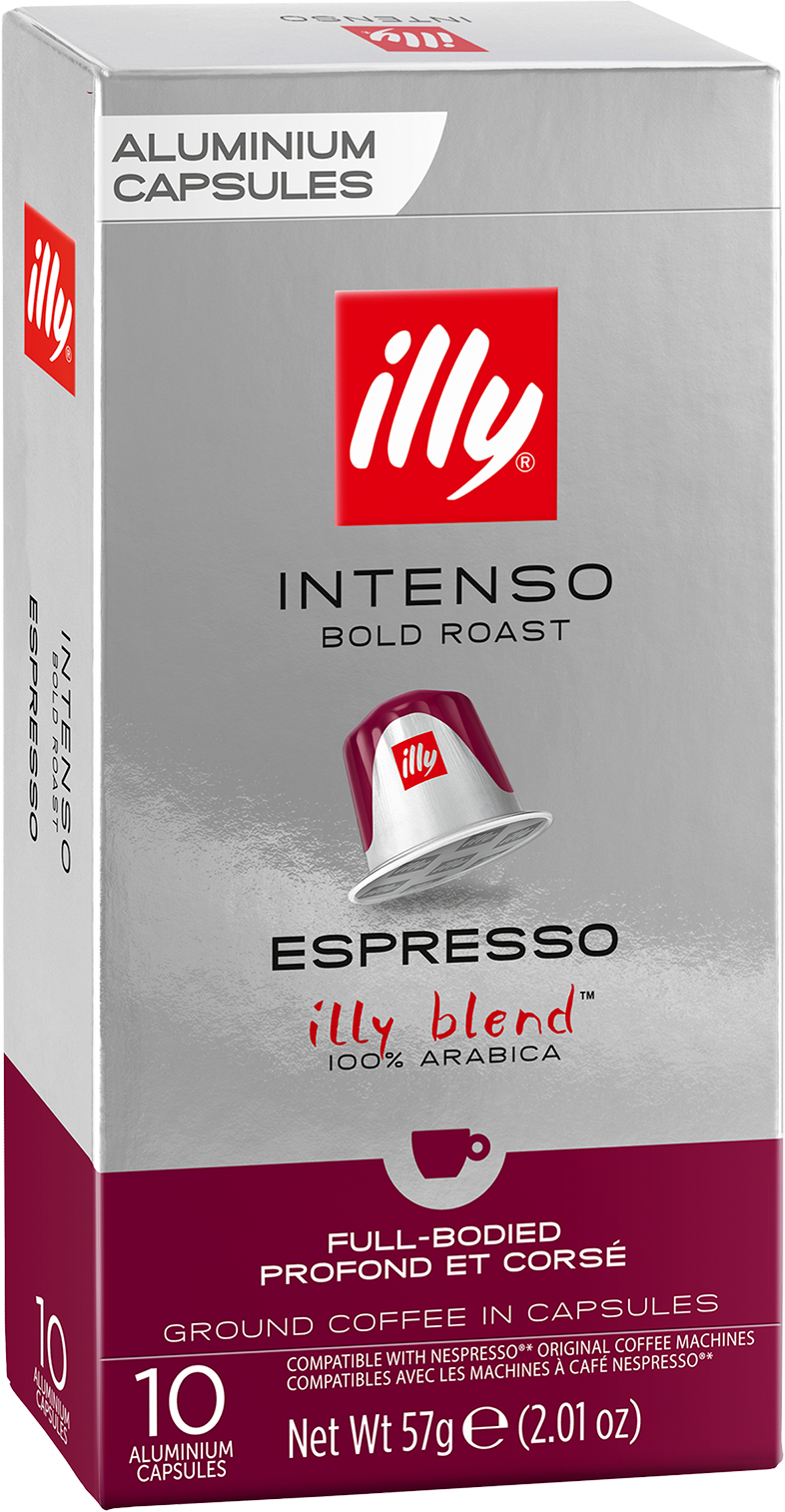 Egy doboz Illy Intenso espresso kapszula. A doboz piros és ezüst színű.