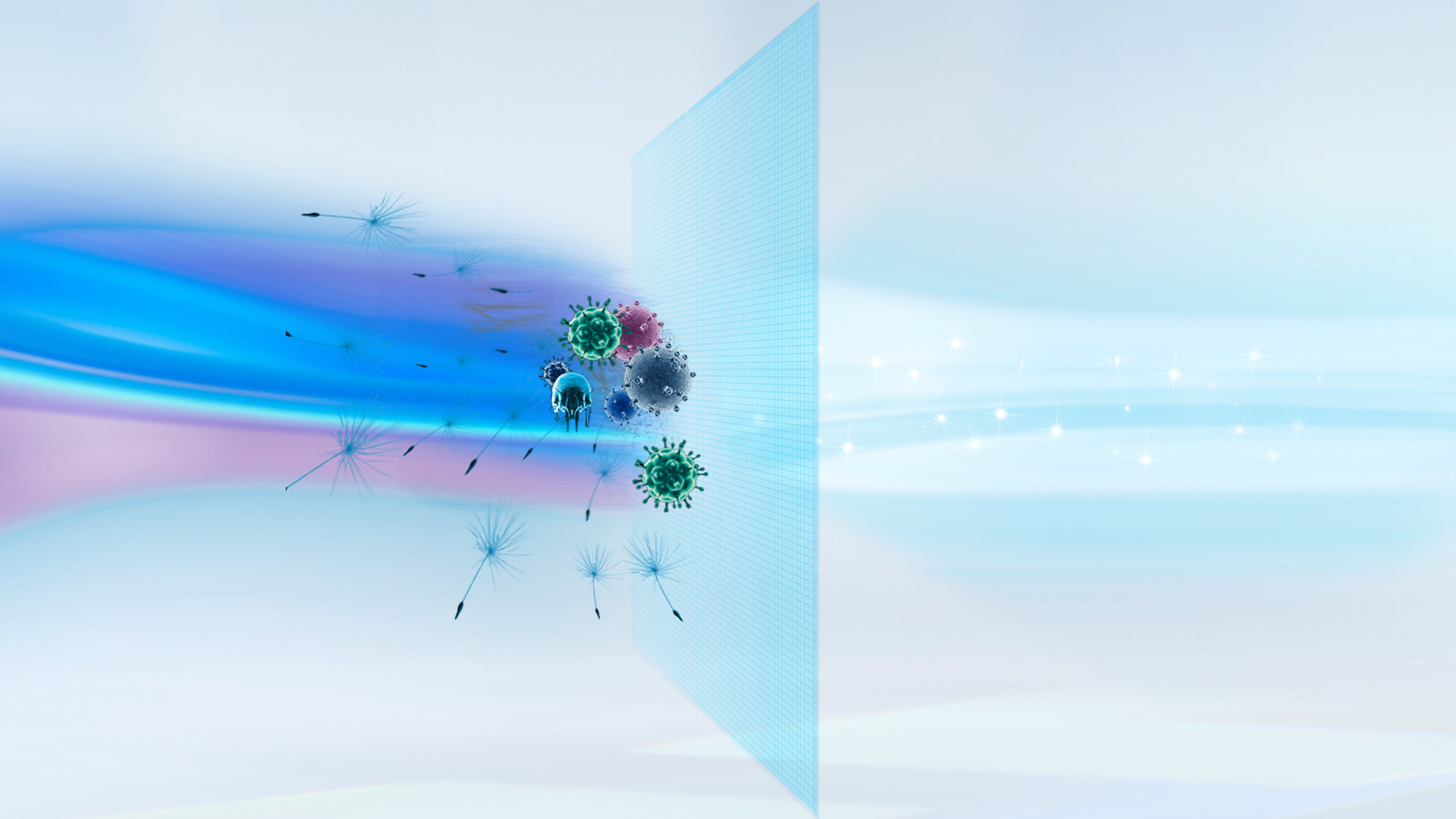 Abstraktes Bild zeigt Viren und Staubpartikel, die durch einen blauen Filter auf hellem Hintergrund blockiert werden.