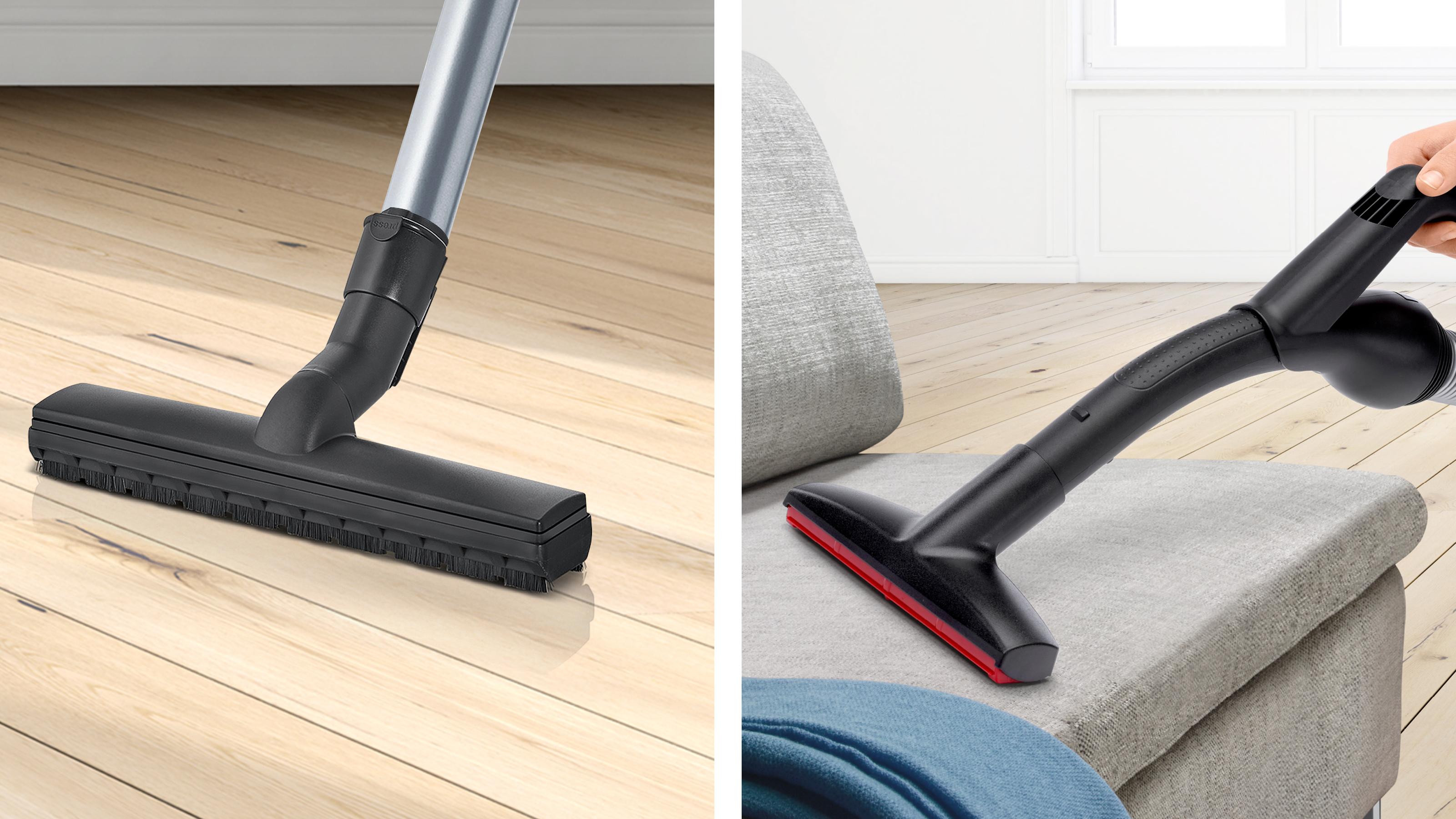 Staubsaugeraufsätze auf Holzboden und grauem Sofa. Einer mit Bürste, einer für Polster.