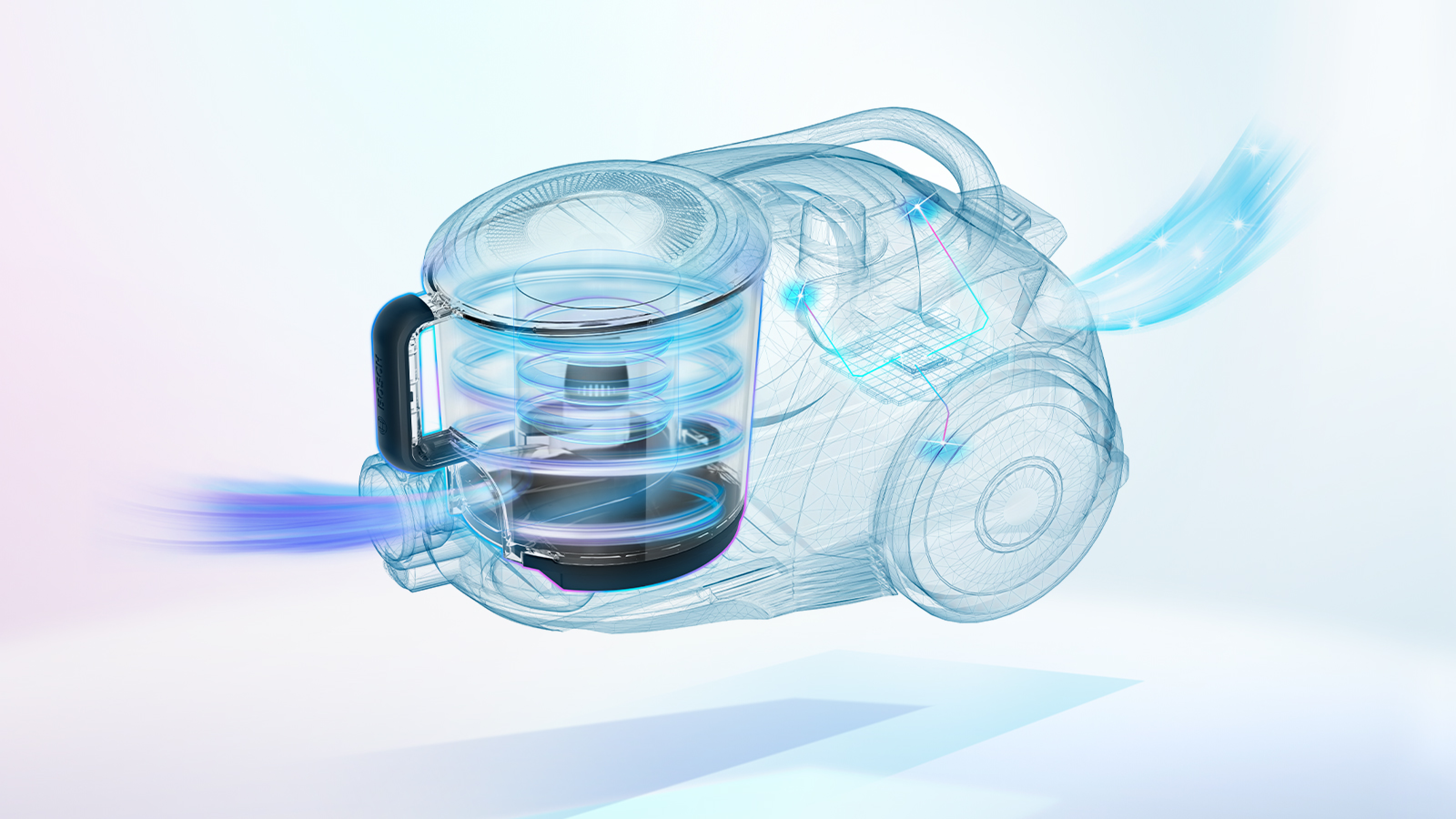 Staubsauger im Drahtstil. Luftstrom mit blauen Linien und transparentem Gehäuse visualisiert.