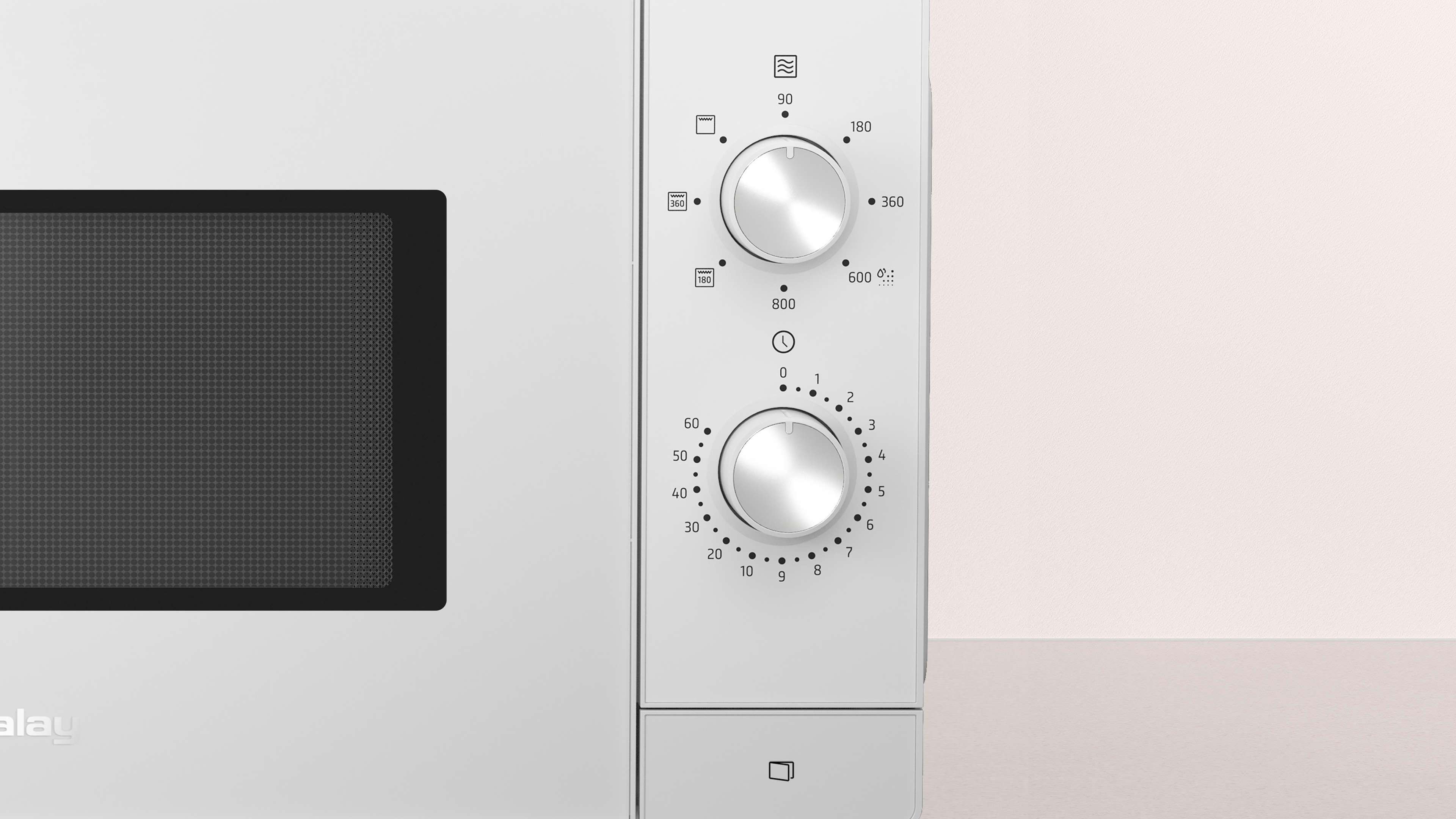 Primer plano del panel de control de un horno microondas blanco con diales y botones.