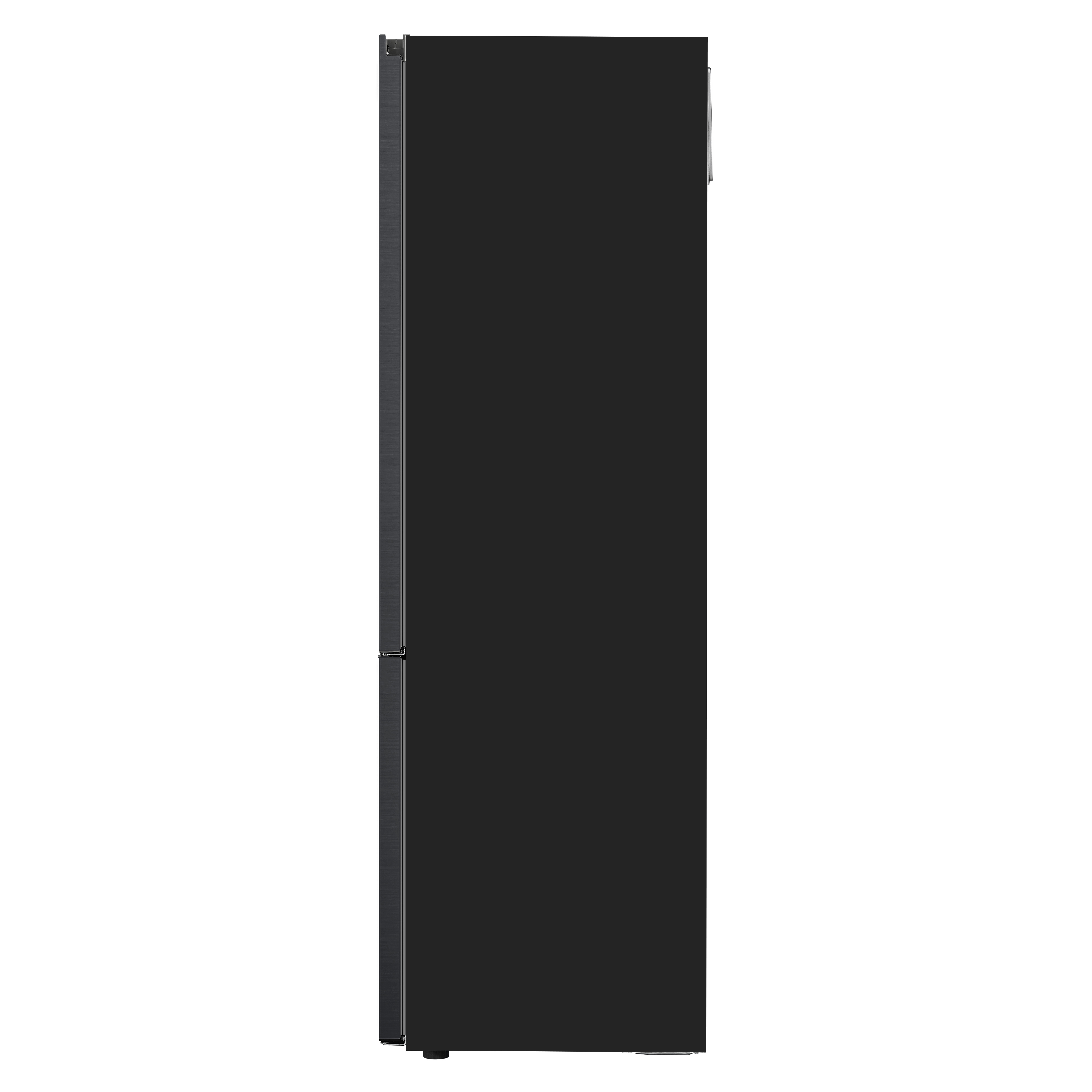 Ein schwarzer Kühlschrank von der Seite gesehen. Es hat ein minimalistisches Design mit zwei Türen.