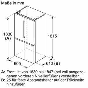Diagramm eines Kühlschranks mit Abmessungen in mm. Etiketten zeigen Höhen-, Breiten- und Tiefenmessungen.