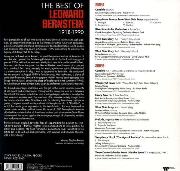 Leonard Bernstein lemez hátlapja, számlistával és szöveggel.