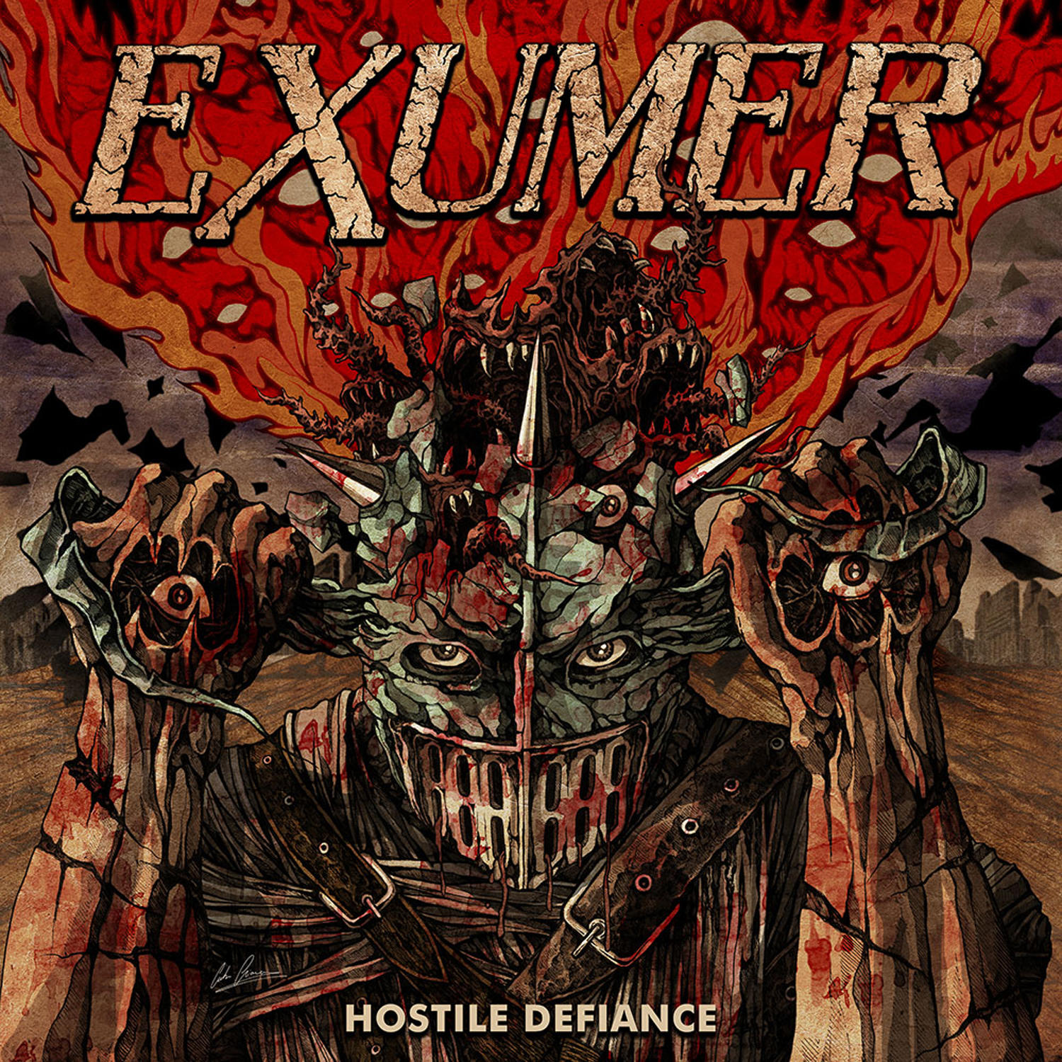 Albumcover mit Monster, Feuer und dem Wort EXUMER.